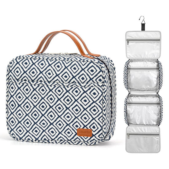Picture of Bosidu Hanging Travel Toiletry Bag,Large Capacity Cosmetic Travel Toiletry Organizer for Women with 4 Compartments & 1 Sturdy Hook,Perfect for Travel/Daily Use/Christmas (Plaid)
