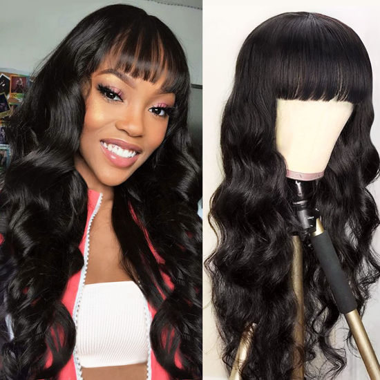 Picture of Body Wave Wigs with Bangs Virgin Brazilian None Lace Front Wigs Human Hair Wigs 150% Density Glueless Machine Made Wigs for Black Women Natural Color(26 Inch, Body Wave)