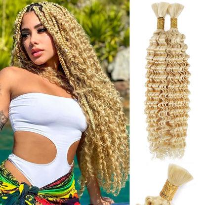 Picture of 613 Blonde Human Braiding Hair Deep Water Wave Bulk Human Hair 100g 18 Inch Curly Human Hair for Boho Braids Hair Extensions No Weft 2 Braids Per Pack Wet and Wavy Human Hair Braiding Hair