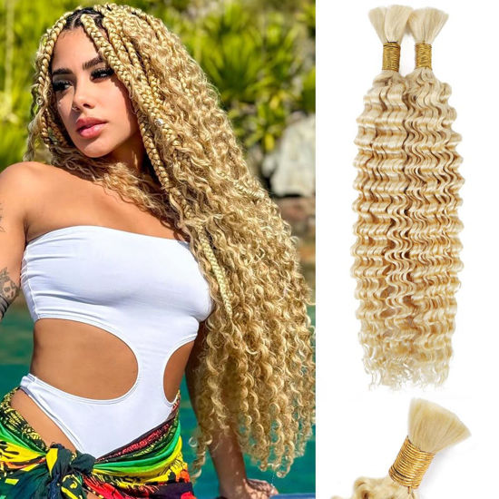 Picture of 613 Blonde Human Braiding Hair Deep Water Wave Bulk Human Hair 100g 18 Inch Curly Human Hair for Boho Braids Hair Extensions No Weft 2 Braids Per Pack Wet and Wavy Human Hair Braiding Hair
