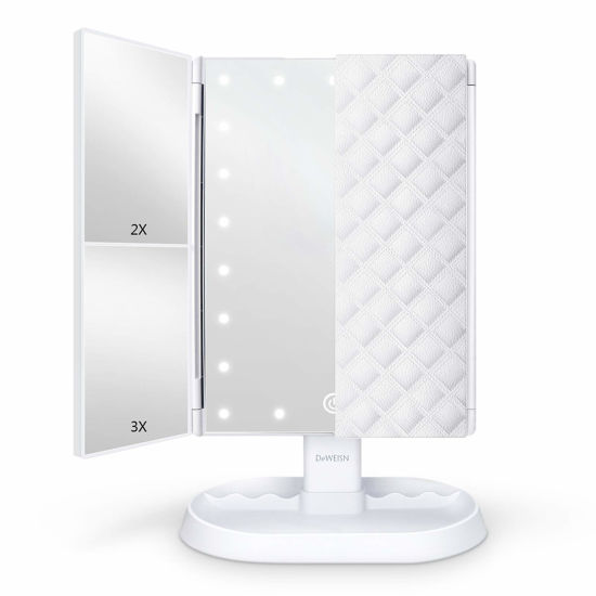 Picture of deweisn Trifold Lighted Vanity Makeup Mirror with 21 LEDs Lights,1x/2x/3x Magnification and Touch Screen Dimming,Two Power Supplies Makeup Mirror, Gift for Women