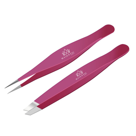 Picture of Majestic Bombay Fine Point + Slant Tweezers for Women and Men - Splinter Ticks, Facial, Brow and Ingrown Hair Removal-Sharp, Needle Nose, Surgical Tweezers Precision best tweezers for chin hair