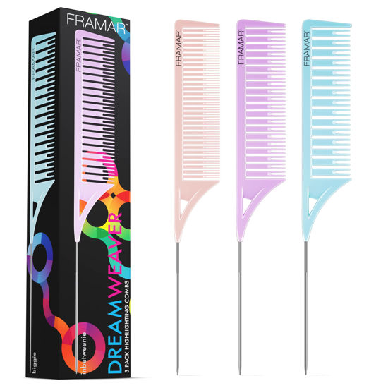 Picture of Framar Dreamweaver Highlight Comb Set - Combs for Hair Stylist, Highlighting Comb, Hair Dye Comb, Hair Highlighter Comb with Metal Pick, Balayage Comb - 3 Pack Pastel