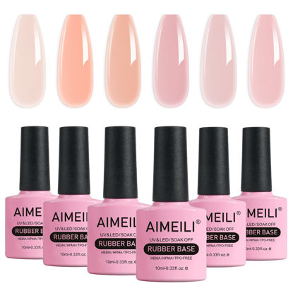 Picture of AIMEILI Hema Free Rubber Base Gel For Nails, Soak Off U V LED Clear Sheer Gel Nail Polish, 4 in 1 Nail Strengthen/Enhance/Base Coat/Color Gel Polish Set Of 6pcs X 10ml - Kit 47