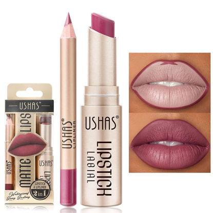 Picture of USHAS Lipstick and Lip Liner Combo Set 2 in 1 Waterproof Lipstick for Women Lip liner Set Long Lasting Lipstick, Matte Lipstick Pen with Lip Liner Set Makeup Kits (G3, Pack of 1)
