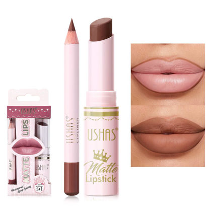 Picture of USHAS Lipstick and Lip Liner Combo Set 2 in 1 Waterproof Lipstick and 24H Lip liner Set Long Lasting Lipsticks for Women, Matte Lipstick Pen with Lip Liner Makeup Kits Set (S13, Pack of 1)
