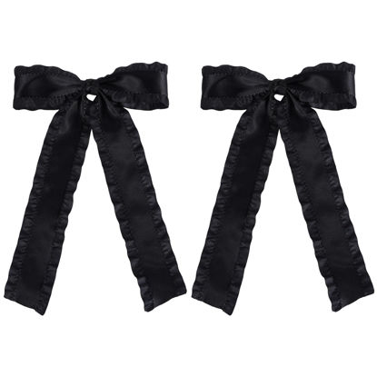 Picture of 2pc Satin Tassel Ribbon Hair Bows Alligator Clips Black 5.5 inch Big Ruffle Layered Hairbow Barrettes Long Tail for Women Girls Thick Thin Hair Decoration Accessories Present