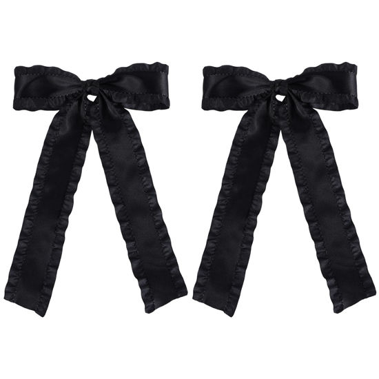 Picture of 2pc Satin Tassel Ribbon Hair Bows Alligator Clips Black 5.5 inch Big Ruffle Layered Hairbow Barrettes Long Tail for Women Girls Thick Thin Hair Decoration Accessories Present