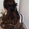 Picture of 2pc Satin Tassel Ribbon Hair Bows Alligator Clips Black 5.5 inch Big Ruffle Layered Hairbow Barrettes Long Tail for Women Girls Thick Thin Hair Decoration Accessories Present