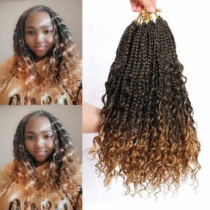 Picture of Box Braids Crochet Braids Curly Ends 14 Inch Goddess Box Braids Crochet Hair Synthetic Crochet Hair Extensions (14(8Packs), 1B/27)