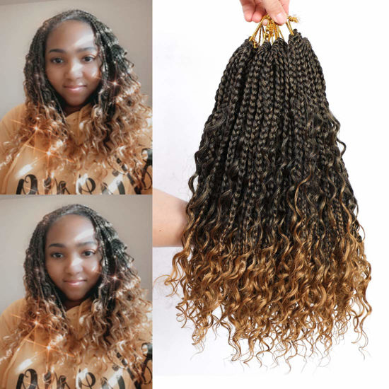 Picture of Box Braids Crochet Braids Curly Ends 14 Inch Goddess Box Braids Crochet Hair Synthetic Crochet Hair Extensions (14(8Packs), 1B/27)