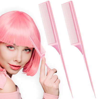 Picture of 2 Pack Rat Tail Combs for Women Fine Tooth Comb Parting Tip Carbon Fiber Root Teasing Anti Static Heat Resistant Adding Volume Evening Hair Styling (Pink)