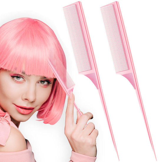 Picture of 2 Pack Rat Tail Combs for Women Fine Tooth Comb Parting Tip Carbon Fiber Root Teasing Anti Static Heat Resistant Adding Volume Evening Hair Styling (Pink)
