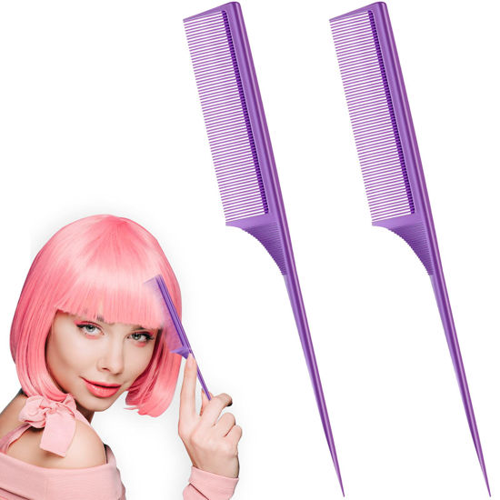 Picture of 2 Pack Rat Tail Combs for Women Fine Tooth Comb Parting Tip Carbon Fiber Root Teasing Anti Static Heat Resistant Adding Volume Evening Hair Styling (Purple)