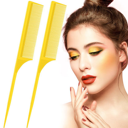 Picture of 2 Pack Rat Tail Combs for Women Fine Tooth Comb Parting Tip Carbon Fiber Root Teasing Anti Static Heat Resistant Adding Volume Evening Hair Styling (Yellow)