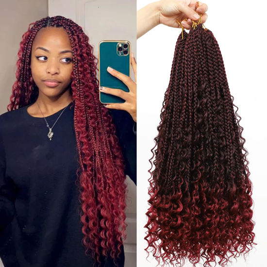 Picture of 8 Packs Crochet Box Braids- 18 Inch Boho Box Braids Crochet Braids Hair Synthetic Braiding Hair Goddess Box Braids Crochet Hair for Black Women (18(8Packs), 1B/Bug)