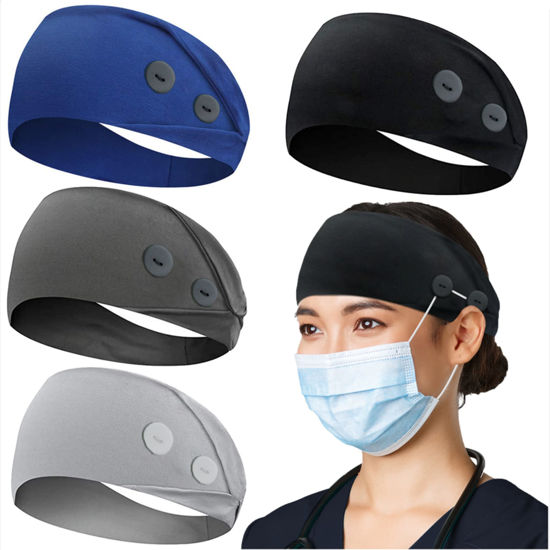 Picture of ABAMERICA Headbands with Button for Mask, Wide Nurses Headbands Non Slip Elastic Ear Protection for Women Men Doctors Sweatband Headband