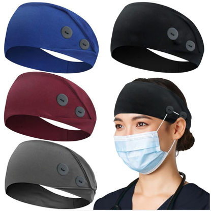 Picture of ABAMERICA Headbands with Button for Mask, Wide Nurses Headbands Non Slip Elastic Ear Protection for Women Men Doctors Sweatband Headband