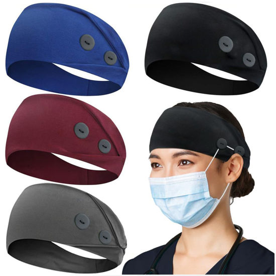 Picture of ABAMERICA Headbands with Button for Mask, Wide Nurses Headbands Non Slip Elastic Ear Protection for Women Men Doctors Sweatband Headband
