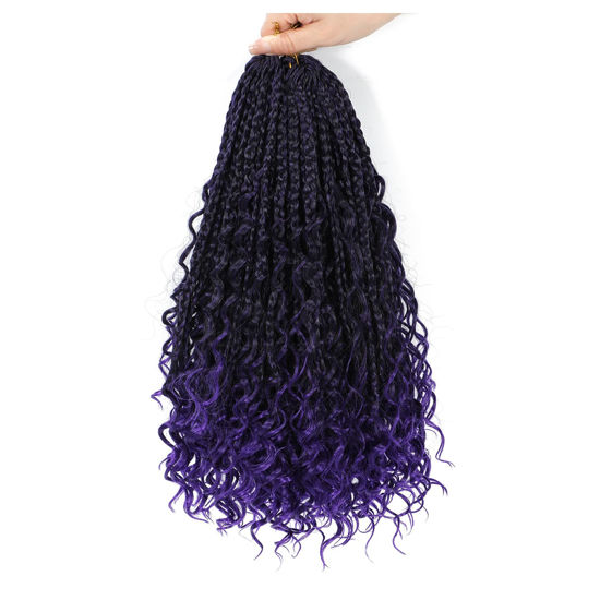 Picture of 8 Packs Goddess Box Braids Crochet Hair -12 Inch Crochet Box Braids Bohomian Box Braid Crochet Hair Synthetic Braiding Hair Boho Braids Crochet Hair for Black Women(1B/Purple#)