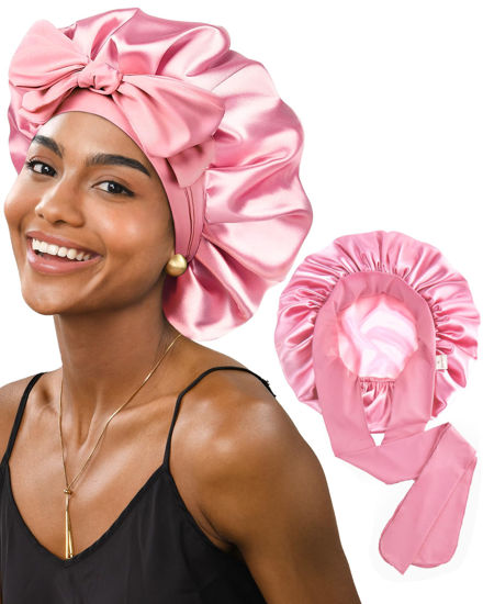 Picture of Yanibest Satin Bonnet Silk Bonnet for Sleeping Double Layer Ajustable Satin bonnet for Women Men for Curly Natural Hair with Tie Band