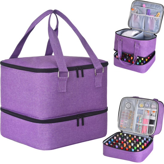 Picture of FCQQYWZ Nail Polish Organizer Case - Holds 42+ Bottles (15ml/0.5 fl.oz) and 1 Nail Lamp, Upgraded Double-layer Nail Polish Carrying Case Nail Polish Storage Bag with Handles (Purple)