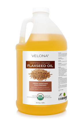 Picture of velona USDA Certified Organic Flaxseed Oil - 64 oz | 100% Pure and Natural Carrier Oil | Unrefined, Cold Pressed