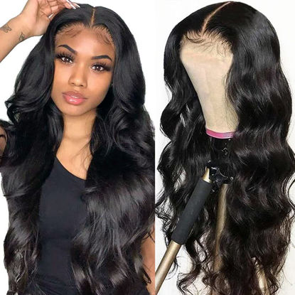 Picture of Hedy Lace Front Wigs Human Hair Body Wave Pre Plucked with Baby Hair Glueless 220% Density 4x4 Lace Closure Human Hair Wigs for Black Women Natural Color(26 Inch)
