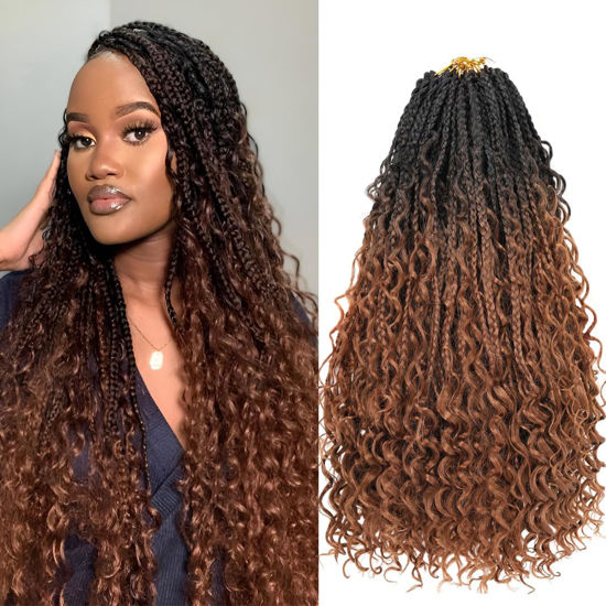 Picture of Beverlee 18 Inch Boho Box Braids 8 Packs Goddess Box Braids Crochet Hair Bohemian Hippie Braids Braiding Hair Box Braids with Curly Ends Messy Pre-looped Synthetic Crochet Hair for Women 1B/30#