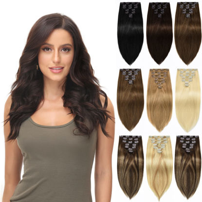 Picture of ROSEBUD Clip in Hair Extensions Real Human Hair 7Pcs 16Clips 18Inch 150g Natural Thick Hair Extensions Human Hair