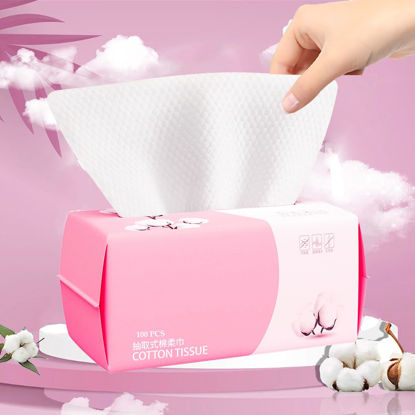 Picture of Disposable Face Towel 100 Count for Washing Soft Cotton Dry Wipes Facial Cloths Towelettes for Washing and Drying, Facial Tissue for Cleansing, Skincare and Makeup Remover