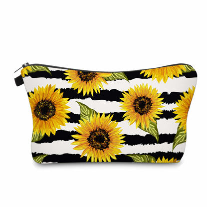 Picture of Cute Travel Makeup Bag Cosmetic Bag Small Pouch Gift for Women (Stripes Sunflowers)