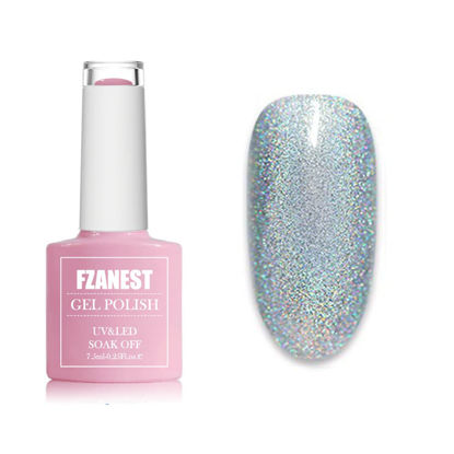 Picture of FZANEST Holographic Nail Polish, Inspire Glitter Gel Nail Polish,Silver Metallic Gel Polish Soak off 1PCS 7.5ML with Iridescent Mermaid Mirror Effect for LED Nail Art Gel Manicure Salon DIY