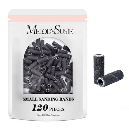Picture of MelodySusie 120 Pcs Nail Drill Bits Small Sanding Bands for 3.1mm Mandrel Bit, 180 Fine Grit Nail File for Acrylic Nails Gel Manicures and Pedicure, Black (Only Sanding Bands)