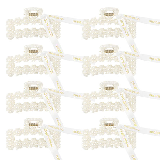 Picture of 8PCS Pearl Bridesmaid Hair Claw Clips with Ribbon Bachelorette Gifts for Bridesmaid 3 Inch Rectangle Bridesmaid Hair Hccessories for Wedding Party Favors