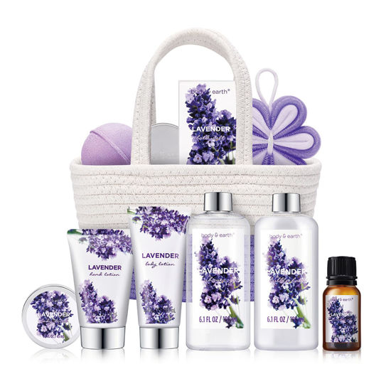 Picture of Spa Gift Baskets for Women - Body & Earth 11pcs Lavender Gift Sets with Bubble Bath, Shower Gel, Body Lotion, Birthday Gifts for Women, Spa Kit for Mom Gifts, Purple Gifts
