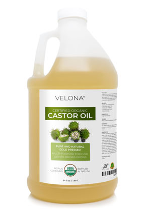 Picture of velona USDA Certified Organic Castor Oil - 64 fl oz | For Hair, Boost Eyelashes, Eyebrows | Cold pressed, Natural Oil, USP Grade | Hexane Free