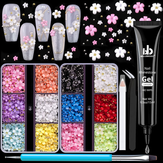 Picture of 3D Flowers, Manicure Kit with Nail Rhinestone Glue Gel, Colorful Acrylic Flower Nail Charms with Caviar Beads, Rhinestones for Nails & Gem Glue for Nails (UV/LED Needed) with Pickup & Dotting Tools