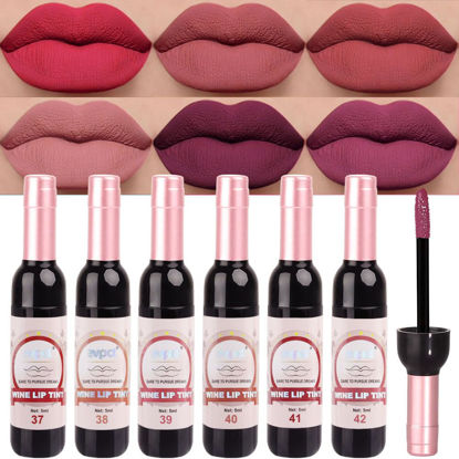 Picture of evpct Wine Bottle Lip Tint Stain 6 Colors Set Rose Red Chestnut Nude Brown Dark Plum Purple Matte Long Lasting 24 Hour Liquid Lipstick Set for Women labiales mate 24 horas originales labiales magicos