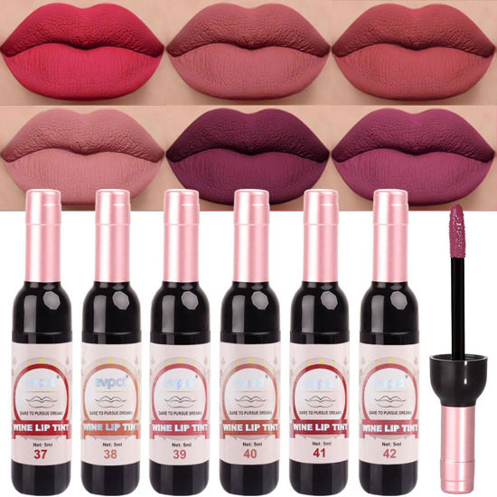 Picture of evpct Wine Bottle Lip Tint Stain 6 Colors Set Rose Red Chestnut Nude Brown Dark Plum Purple Matte Long Lasting 24 Hour Liquid Lipstick Set for Women labiales mate 24 horas originales labiales magicos