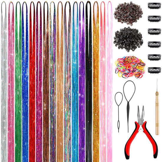 Picture of 48 Inch Glitter Hair Tinsel Extensions Kit (16 Colors, 4800 Strands) With Tools - Heat Resistant Fairy Hair Accessories for Women, Girls, Kids
