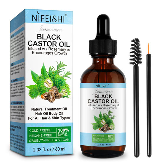 Picture of NIFEISHI Organic Castor Oil, Pure Natural Jamaican Black Castor Oil Infused with Rosemary, Cold Pressed Glass Bottles, Boost Hair Growth for Thicker, Fuller Hair, Eyelashes & Eyebrows 2.02 fl oz