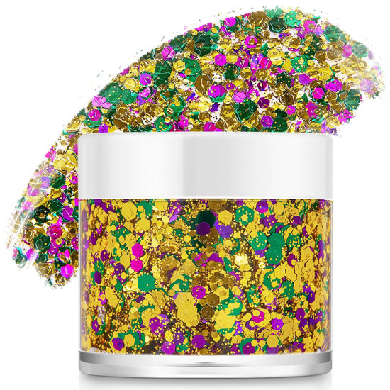 Picture of Paminify Mardi Gras Face Glitter,Green Purple Gold Mixed Holographic Chunky Body Glitter Gel,Mardi Gras Glitter,Festival Sequins for Face and Body, New Orleans Decorative Carnival Decorations