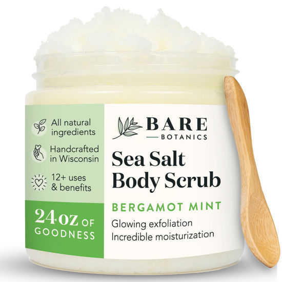 Picture of Bare Botanics Bergamot Mint Body Scrub 24oz | Made in Madison, WI | All Natural Sea Salt Exfoliator w/ Skin Loving Moisturizers | Vegan & Cruelty Free | Gift Ready Packaging w/ a Cute Wooden Spoon