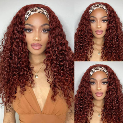 Picture of Headband Wigs Human Hair Deep Wave 33# Reddish Brown Curly Human Hair Wig Red Brown Brazilian Machine Made Lace Front Wigs Glueless Copper Red Deep Curly Headband Half Wigs for Black Women 20 Inch