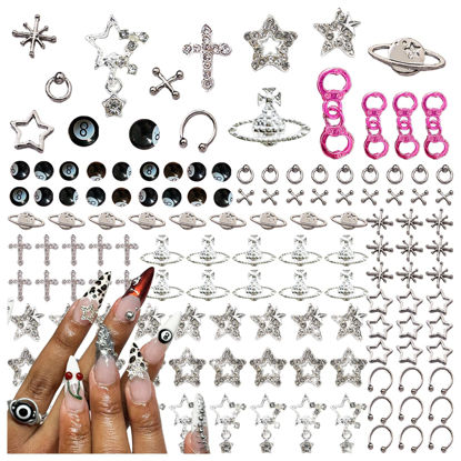 Picture of BBATT-HAPPY 134PCS Nail Charms,Silver Star Planet Cross Nail Jewels Punk Pink Handcuffs Billiards Nail Art Accessories for Acrylic Nails, Nail Art Supplies Craft DIY