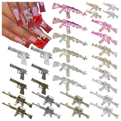 Picture of BBATT-HAPPY 30PCS Gun Nail Charms for Acrylic Nails,Gold Silver Alloy Nail Art Decoration, Nail Stones Nail Jewels Accessories for Nail Art Supplies Manicure Craft DIY