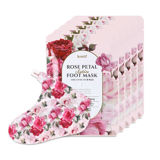 Picture of PETITFEE Rose Petal Satin Foot Mask (5pairs) - Intensive Nourishing Socks, Rose Scented Foot Repair Masks with Peptide, Collagen, Shea Butter, Urea for Silky Smooth Feet, Foot Treatment, Body Mask