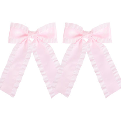 Picture of 2Pcs Hair Bow Clips for Women Girls,4in Light Pink Satin Ruffle Ribbon Bowknot Hair Barrettes with Long Tail,Cute Handmade Feminine Hair Accessories for Teens Toddlers Kids