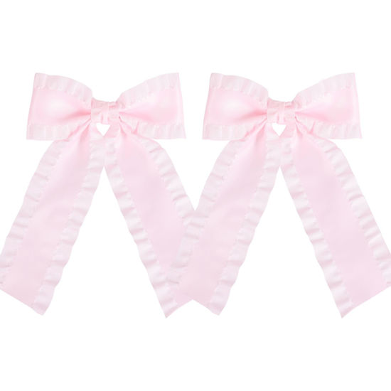 Picture of 2Pcs Hair Bow Clips for Women Girls,4in Light Pink Satin Ruffle Ribbon Bowknot Hair Barrettes with Long Tail,Cute Handmade Feminine Hair Accessories for Teens Toddlers Kids